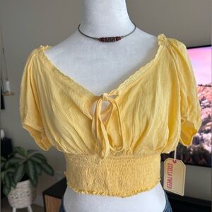 Stella Tweed Bright Yellow Puff Sleeve Crop Top
